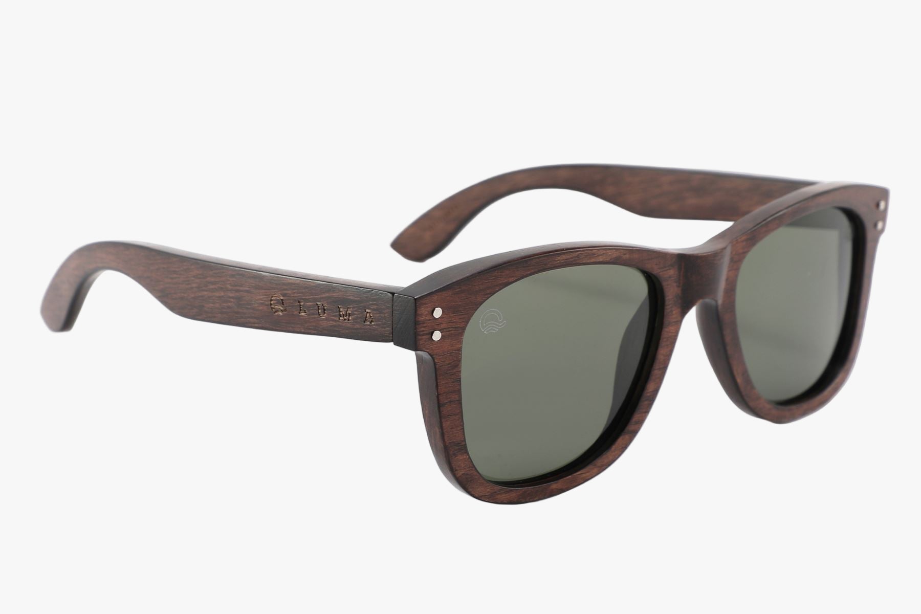 Wooden-framed sunglasses with dark lenses on a white background