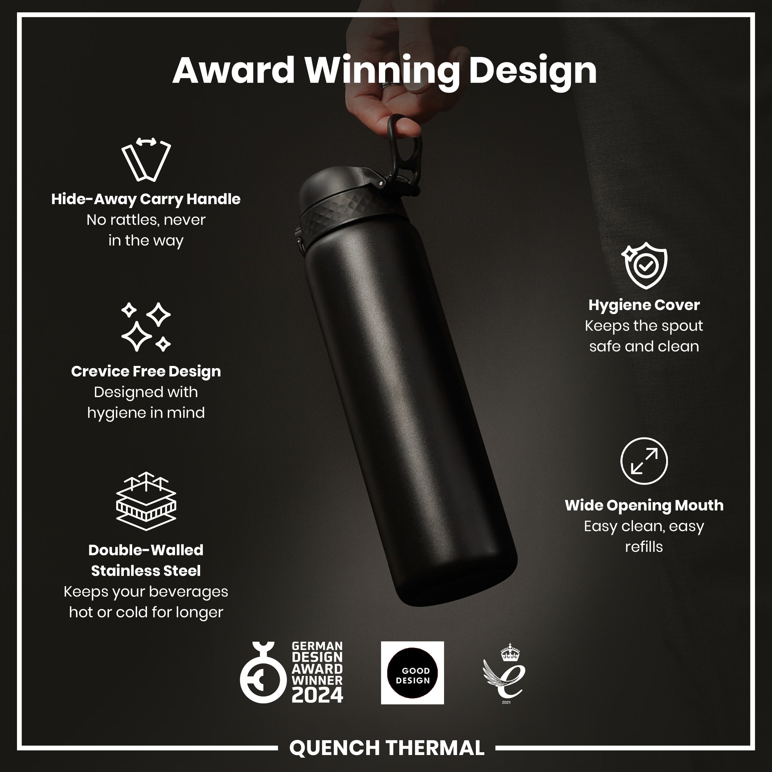 Leak Proof 1 Litre Thermal Water Bottle, Insulated, Black, 1L