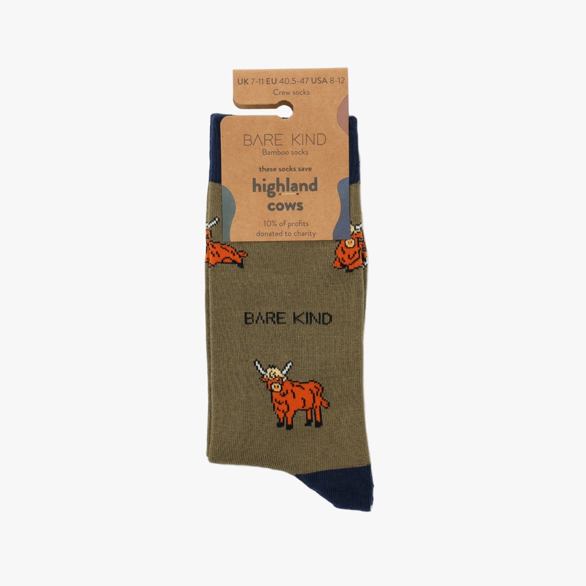 Bare Kind sock with highland cow design on a white background
