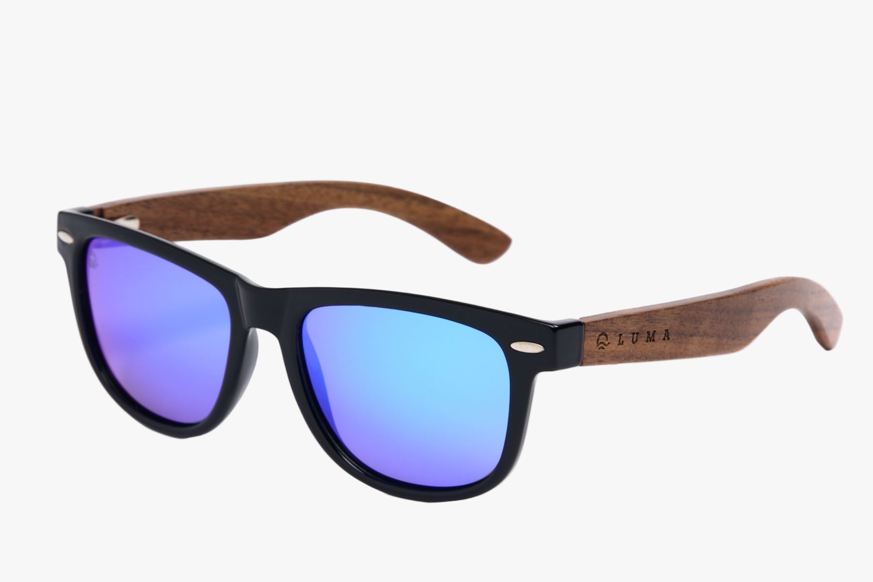 Sunglasses with wooden frame and purple lenses on a white background