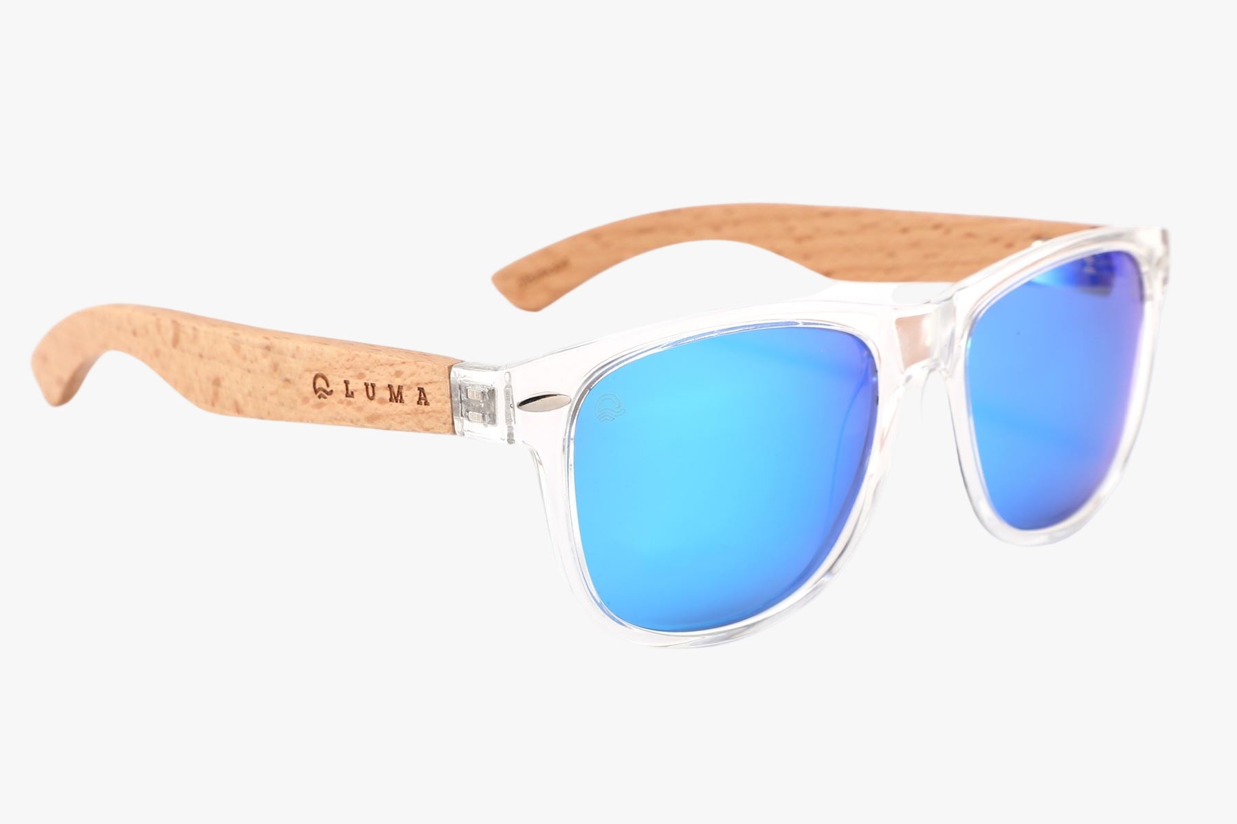 Sunglasses with clear rims and wooden legs.