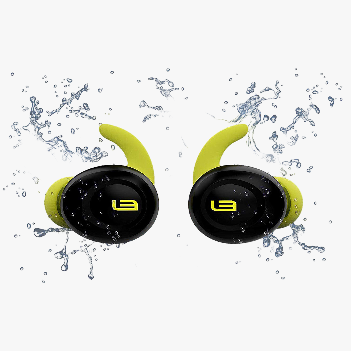 Black and yellow wireless earbuds with water splashes on a white background