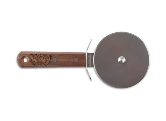 Pizza cutter with wooden handle and metal wheel on a white background