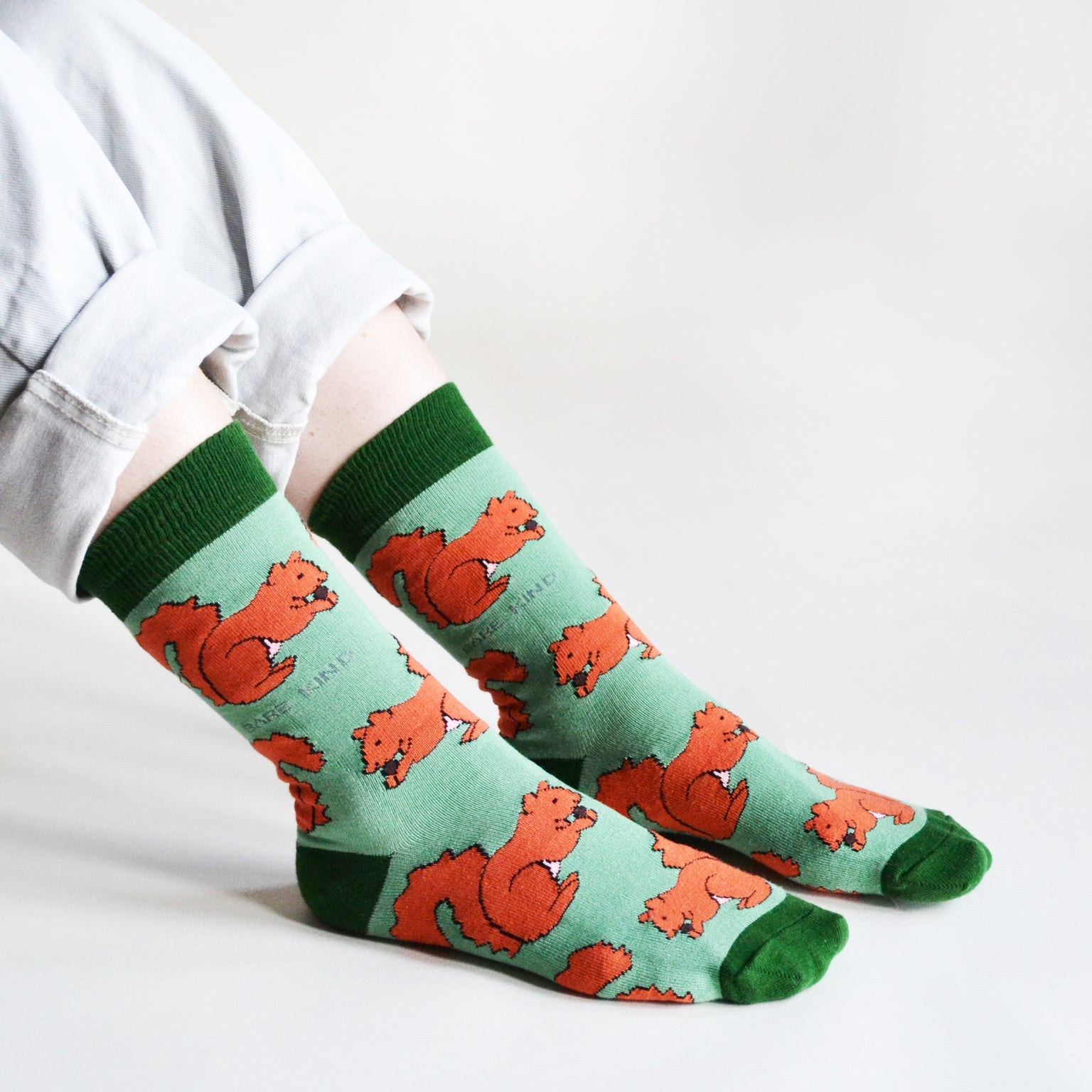 Green socks with red squirrel pattern worn by a person on a light gray background