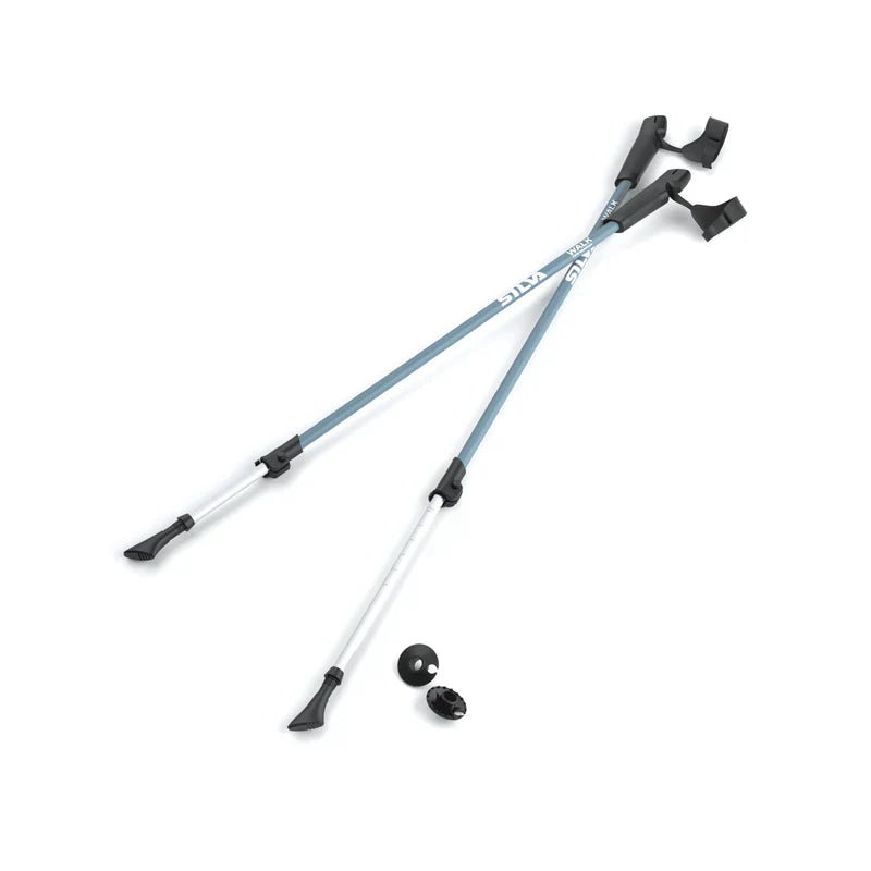 Pair of adjustable hiking poles on a white background