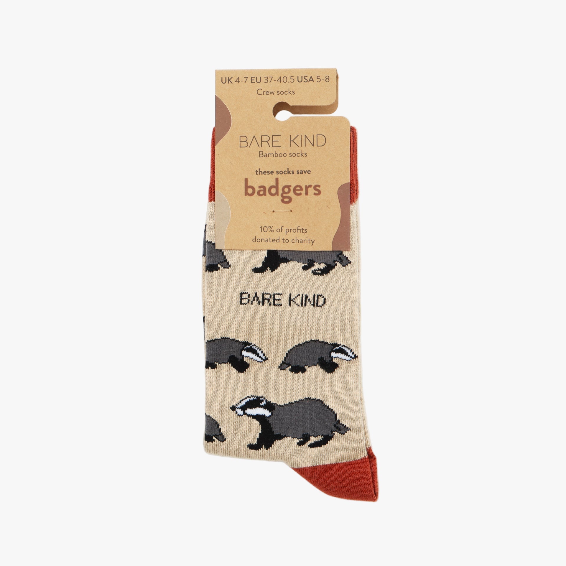 Beige sock with badger pattern and 'Bare Kind' packaging on a white background