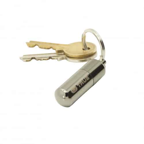 Metallic keychain with keys on a white background