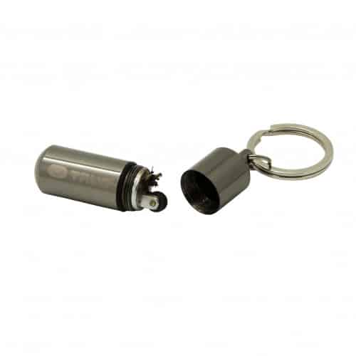 Metal keychain lighter with a key ring on a white background