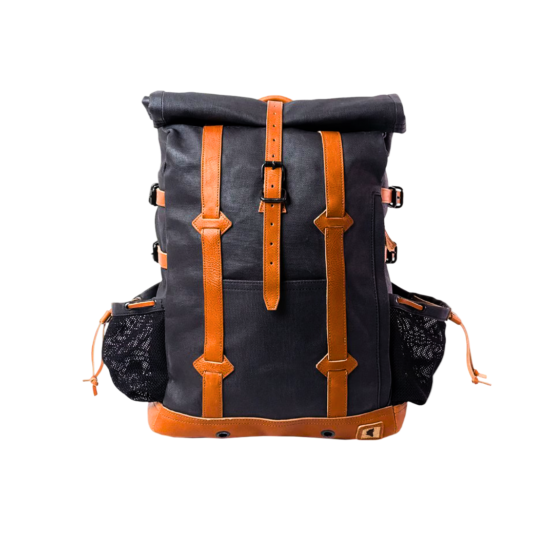 Front view of the Yorkshire Men's waxed canvas and leather made to order backpack.
