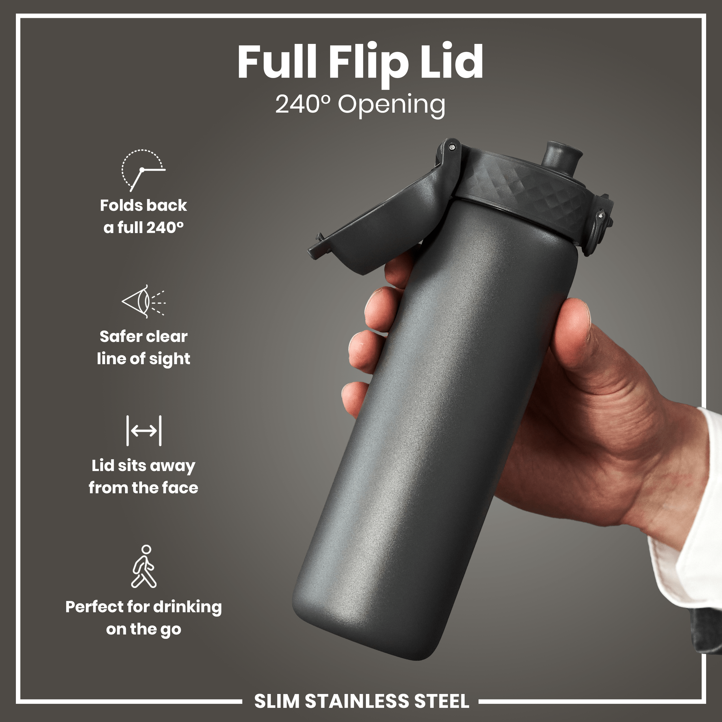 Leak Proof Slim Water Bottle, Stainless Steel, Grey, 600ml (20oz)