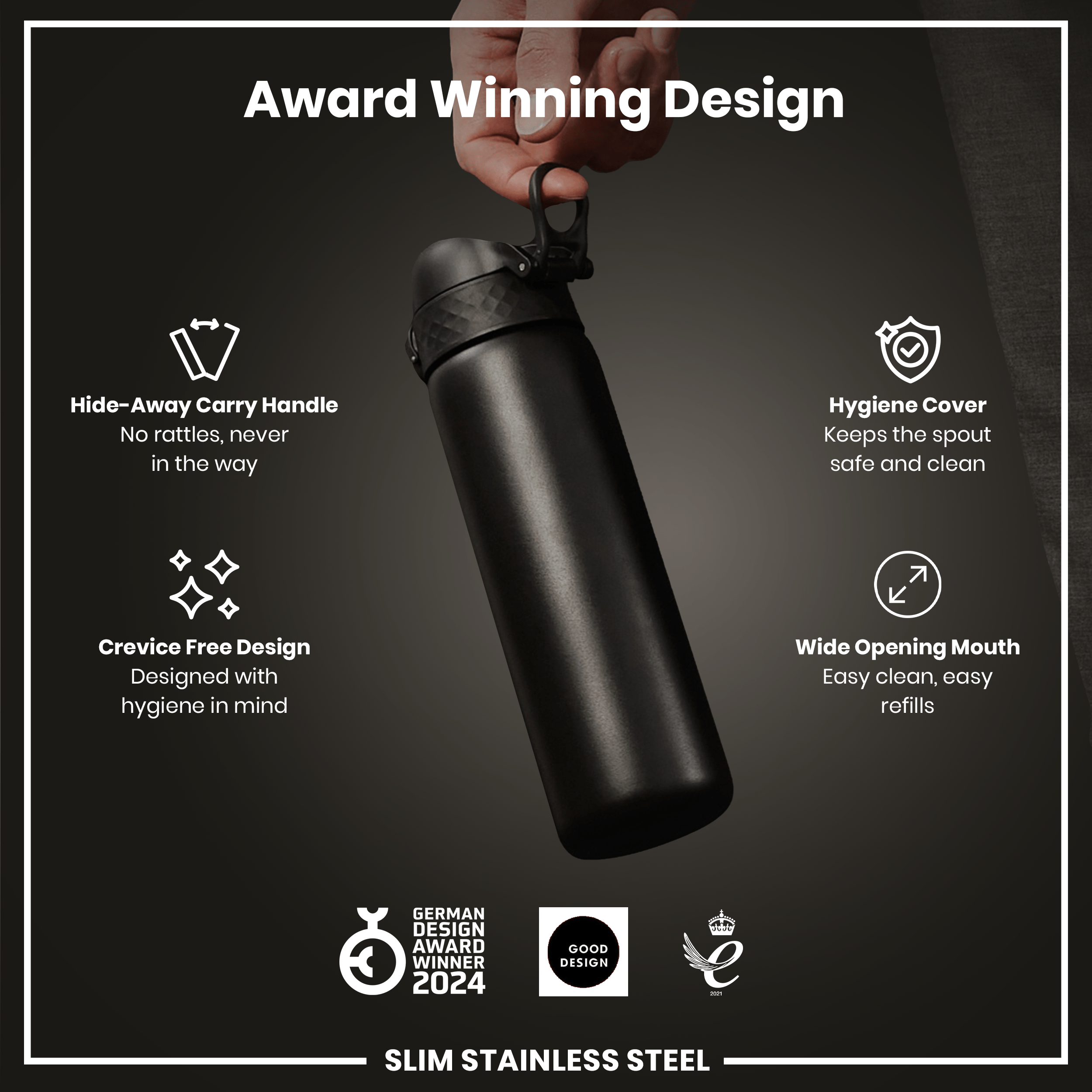 Leak Proof Slim Water Bottle, Stainless Steel, Black, 600ml (20oz)