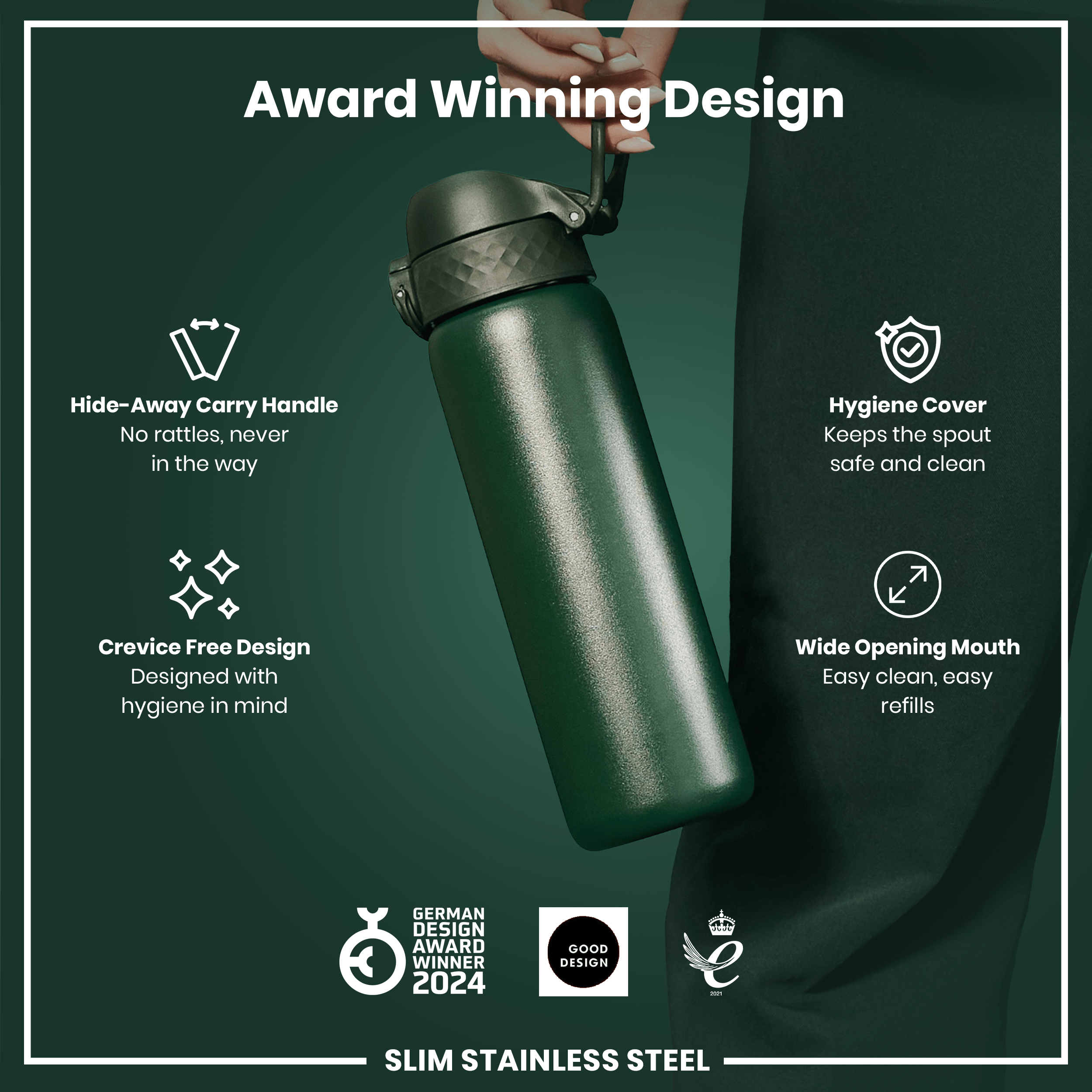 Leak Proof Slim Water Bottle, Stainless Steel, Dark Green, 600ml (20oz)