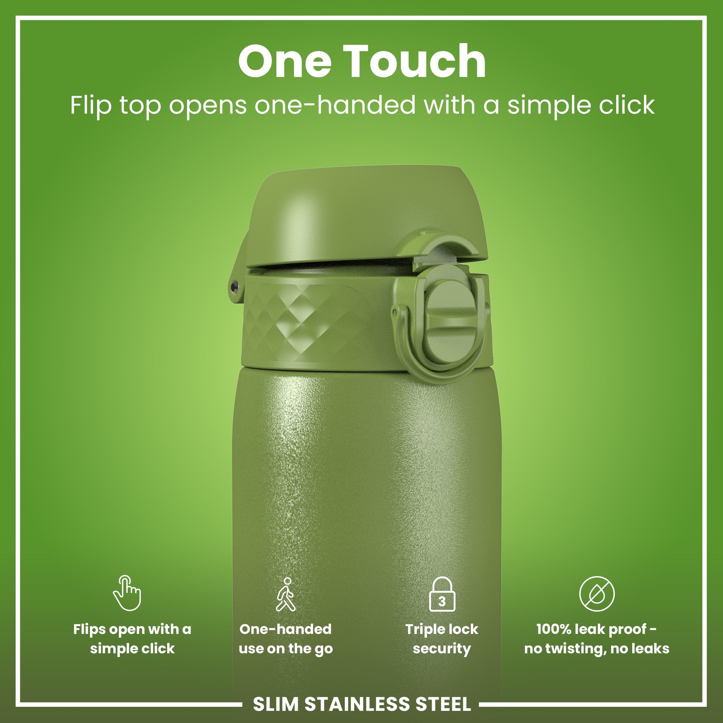 Leak Proof Slim Water Bottle, Stainless Steel, Khaki Green, 600ml (20oz)
