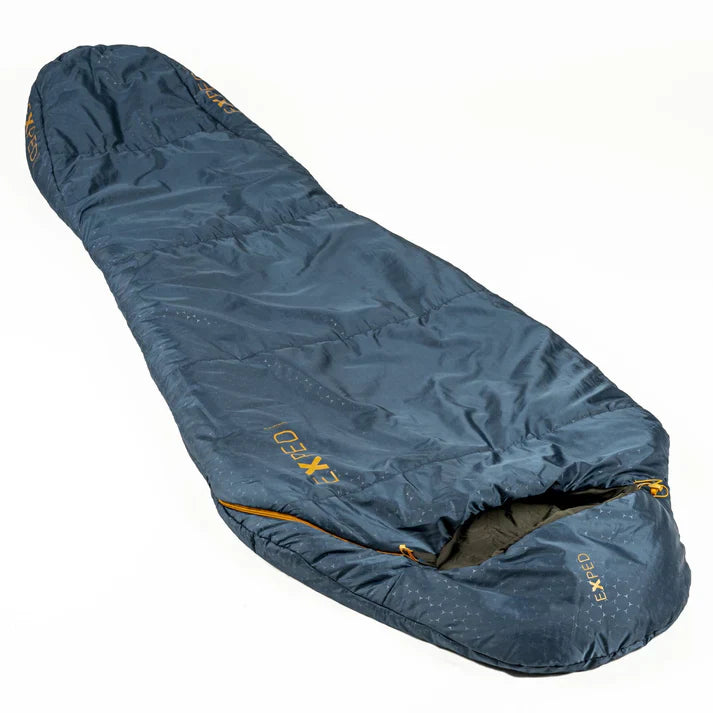 Blue sleeping bag with yellow branding on a white background