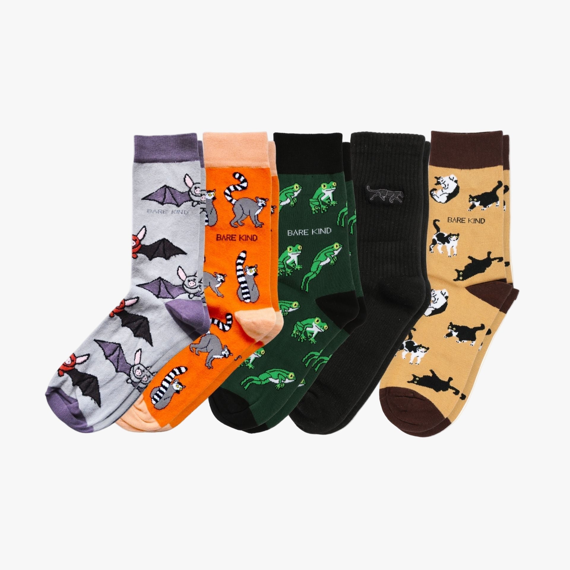 Five pairs of colorful socks with animal patterns on a white background