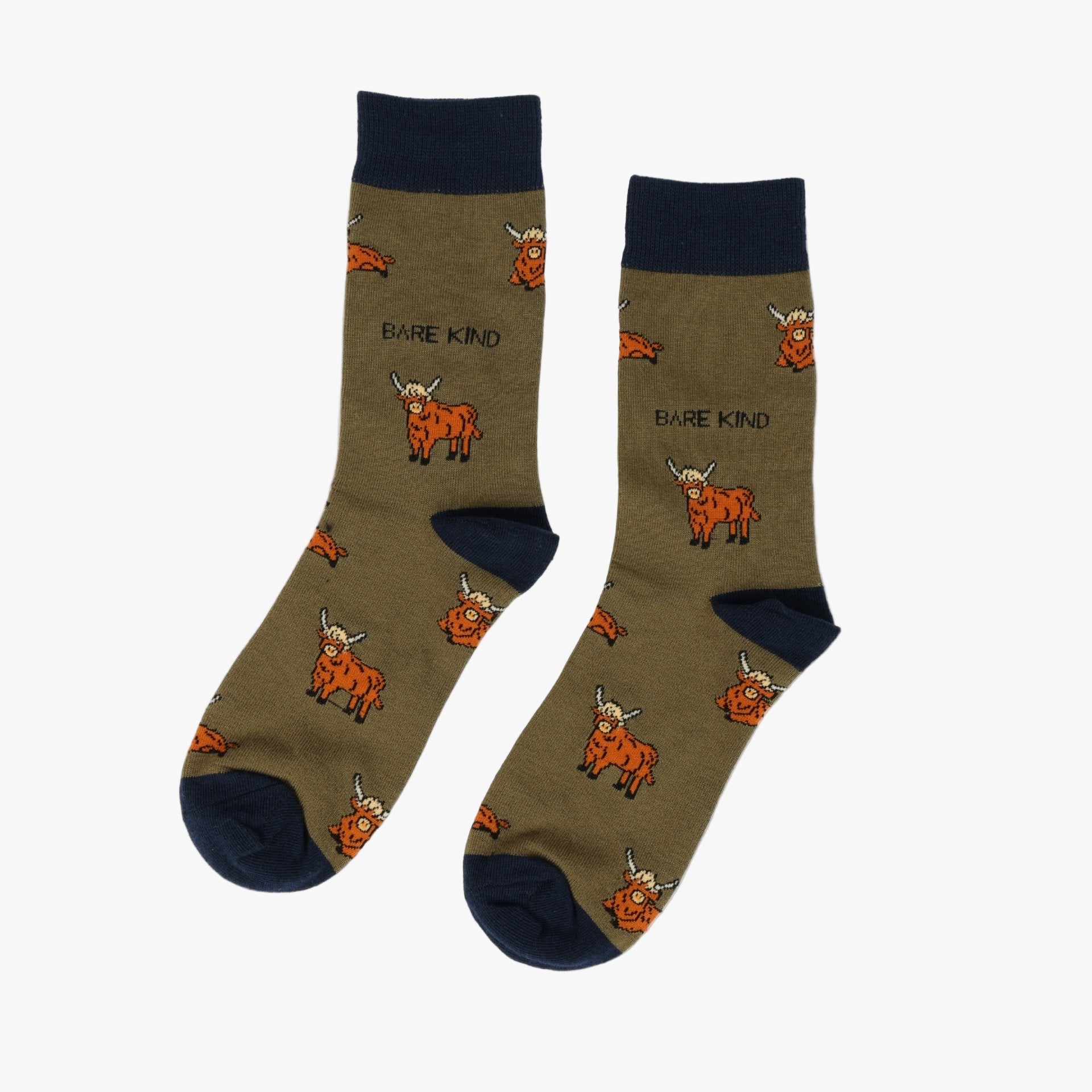 Pair of socks with cow pattern and 'Bare Kind' text on a white background