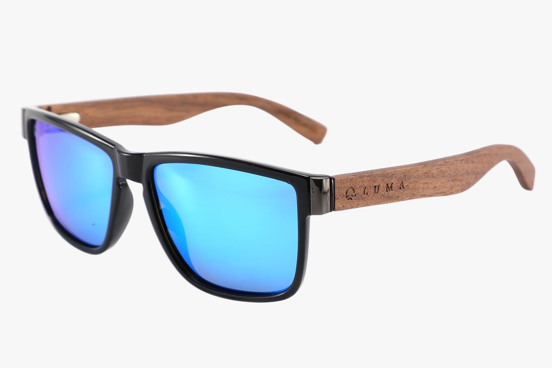 Men's Sunglasses with  back rims and wooden legs.
