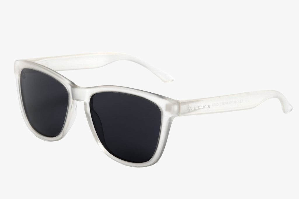 Clear frame sunglasses with dark lenses on a white background