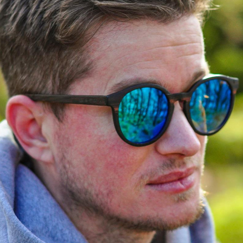 Man wearing reflective sunglasses with a blurred natural background