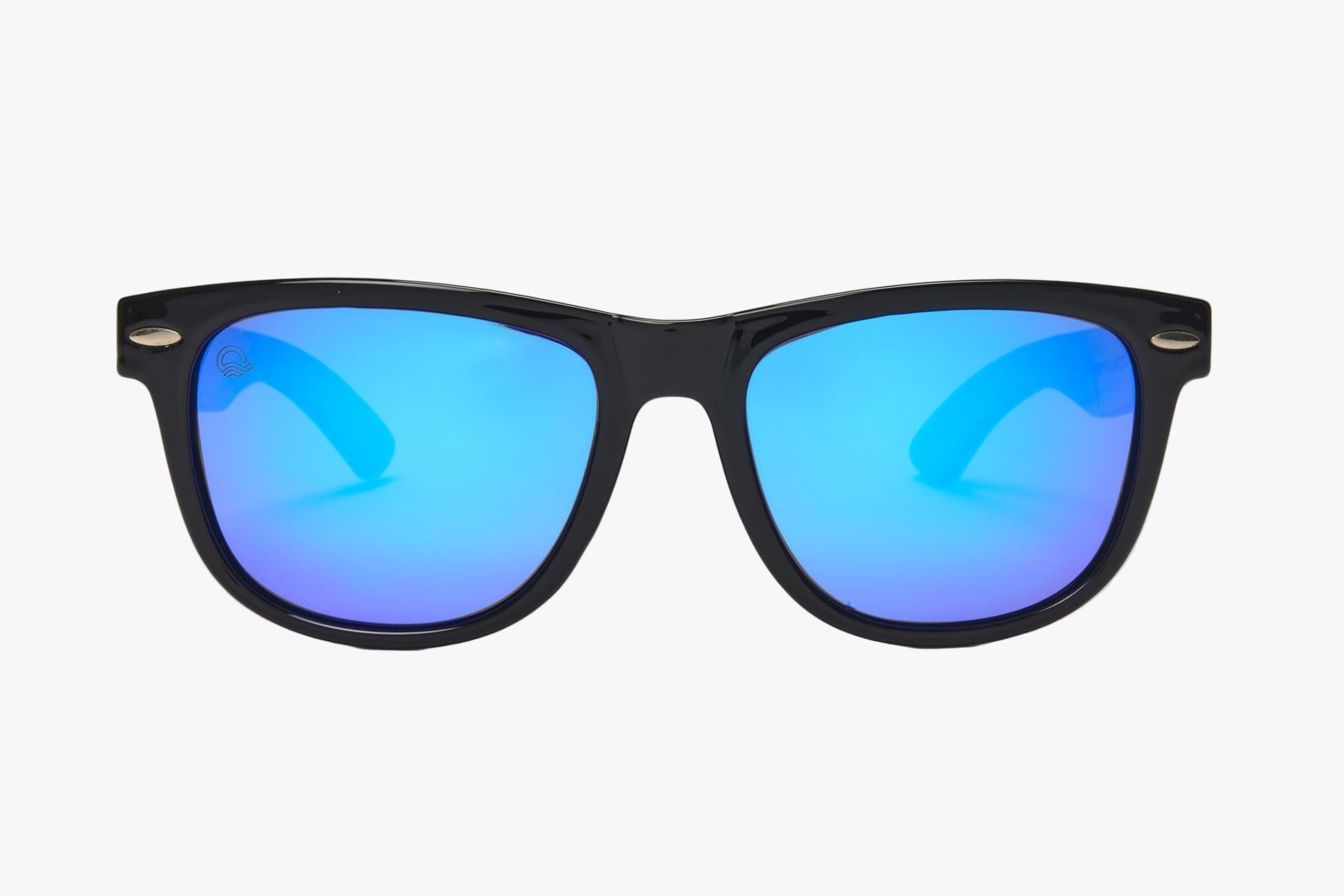 Sunglasses with black frames and blue reflective lenses on a white background