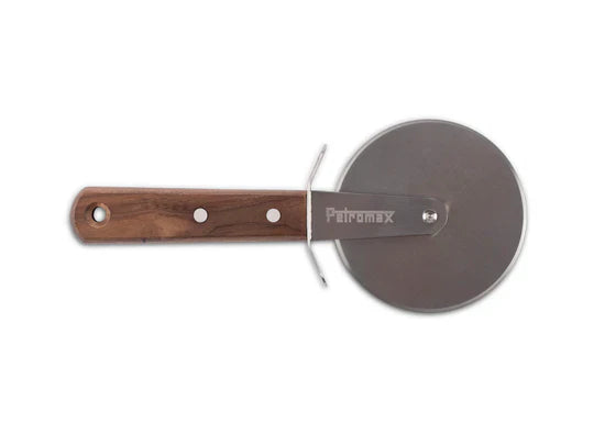 Pizza cutter with wooden handle and metal wheel on a white background