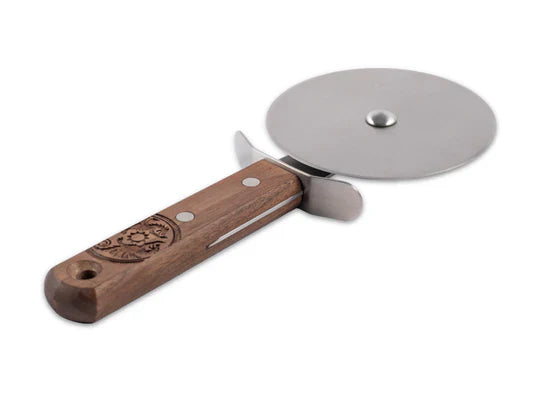 Pizza cutter with wooden handle and metal wheel on a white background
