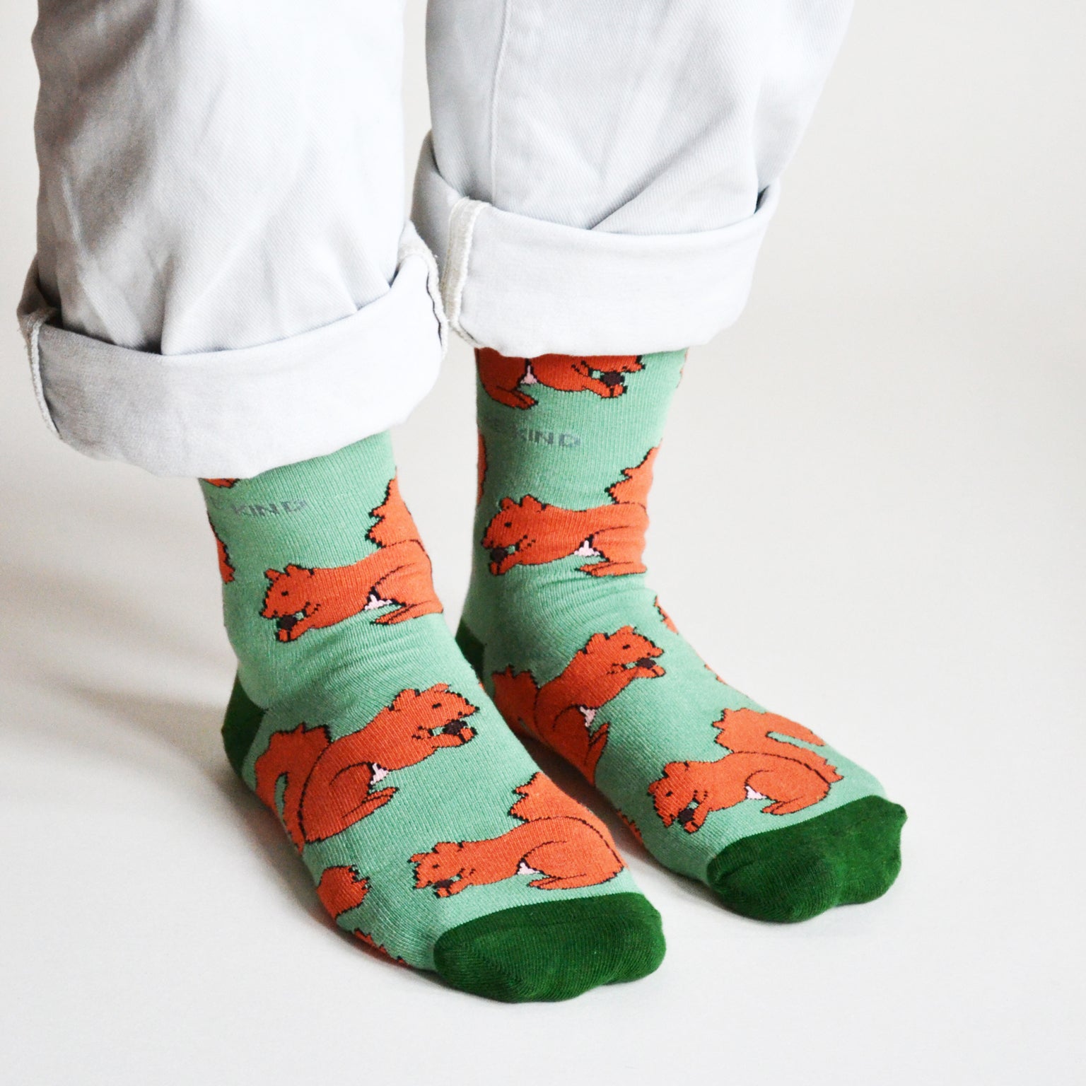 Person wearing socks with red squirrel  pattern on a light background
