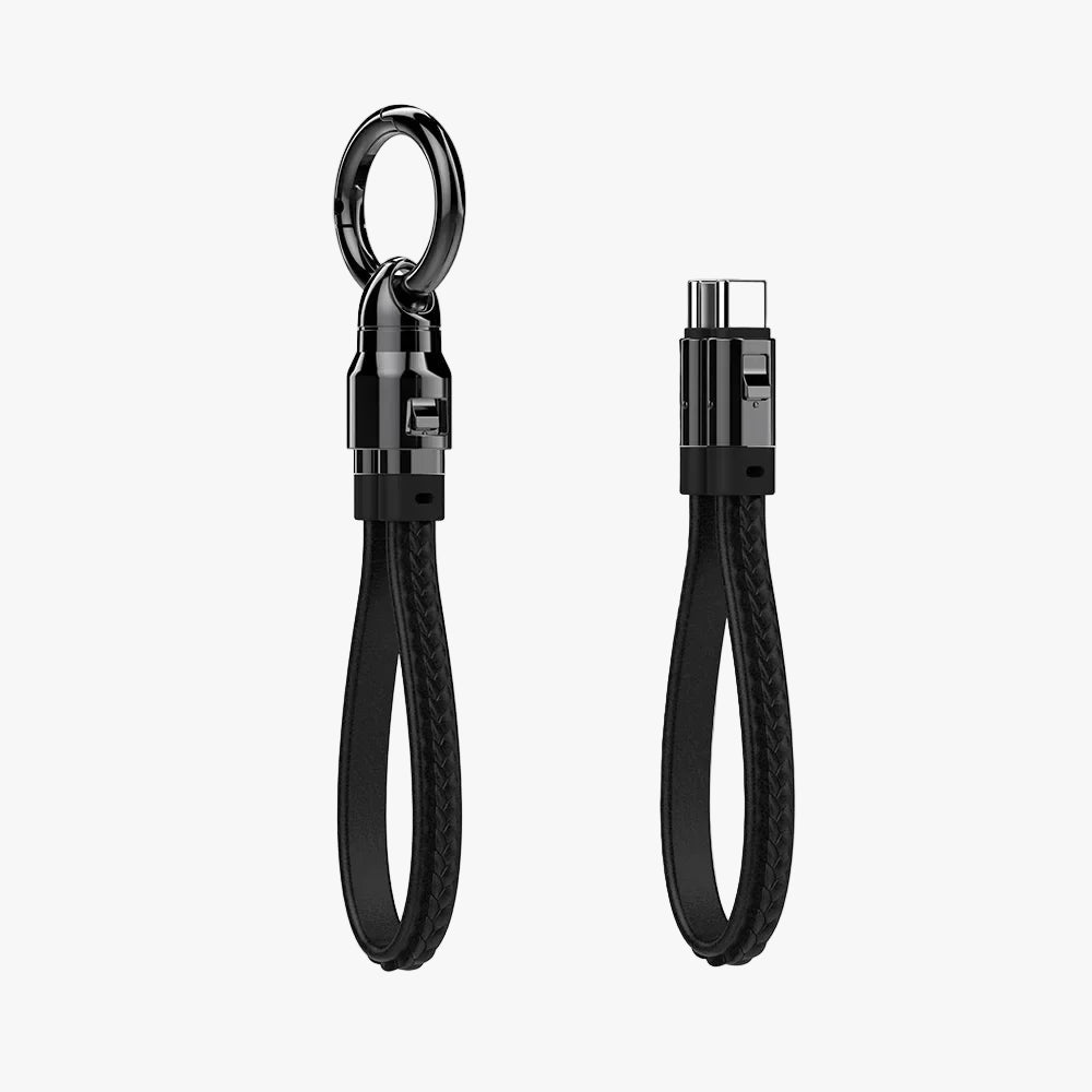 Black keychain with ring and USB-C cable on a white background