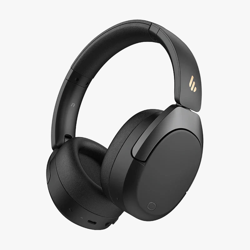 Black Edifier headphones with brand logo and feature badges on a white background