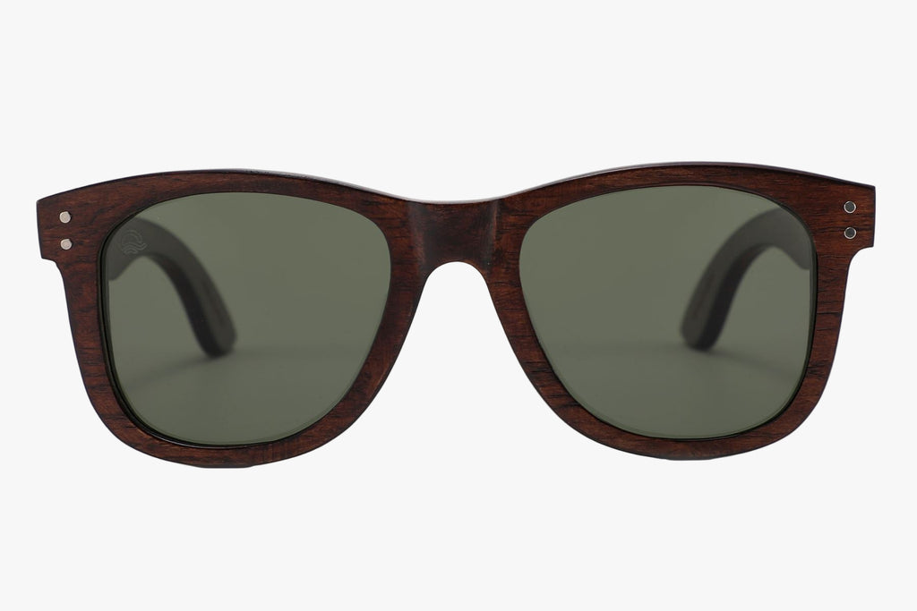 Wooden-framed sunglasses with dark lenses on a white background