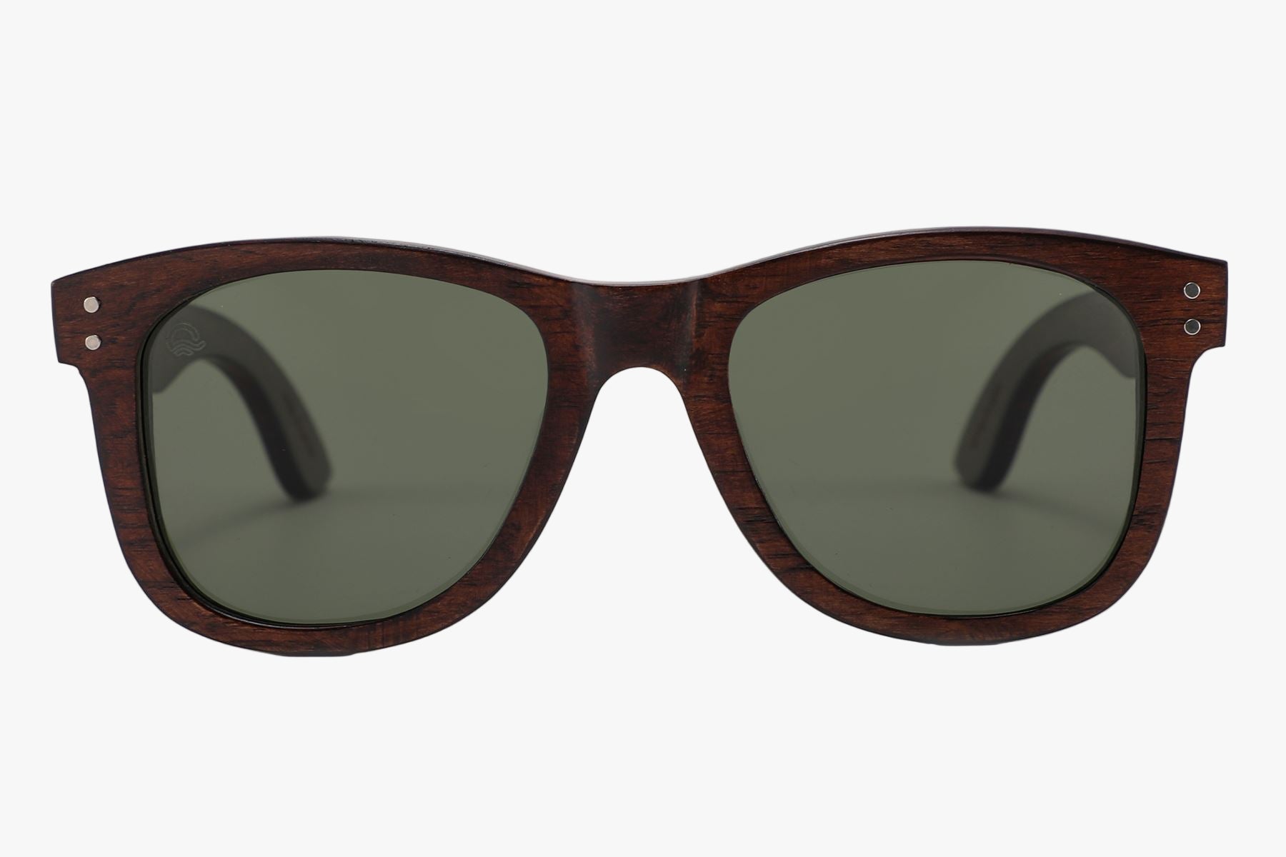 Wooden-framed sunglasses with dark lenses on a white background