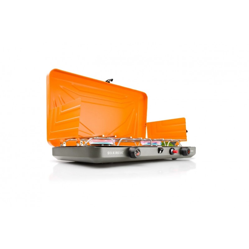 Orange camping stove with a lid on a white background