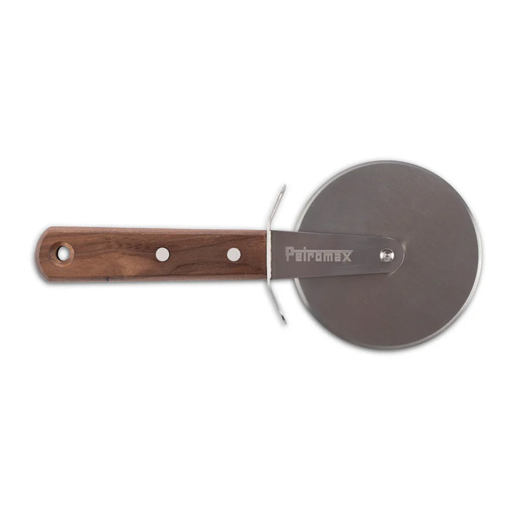 Pizza cutter with wooden handle and metal blade on a white background