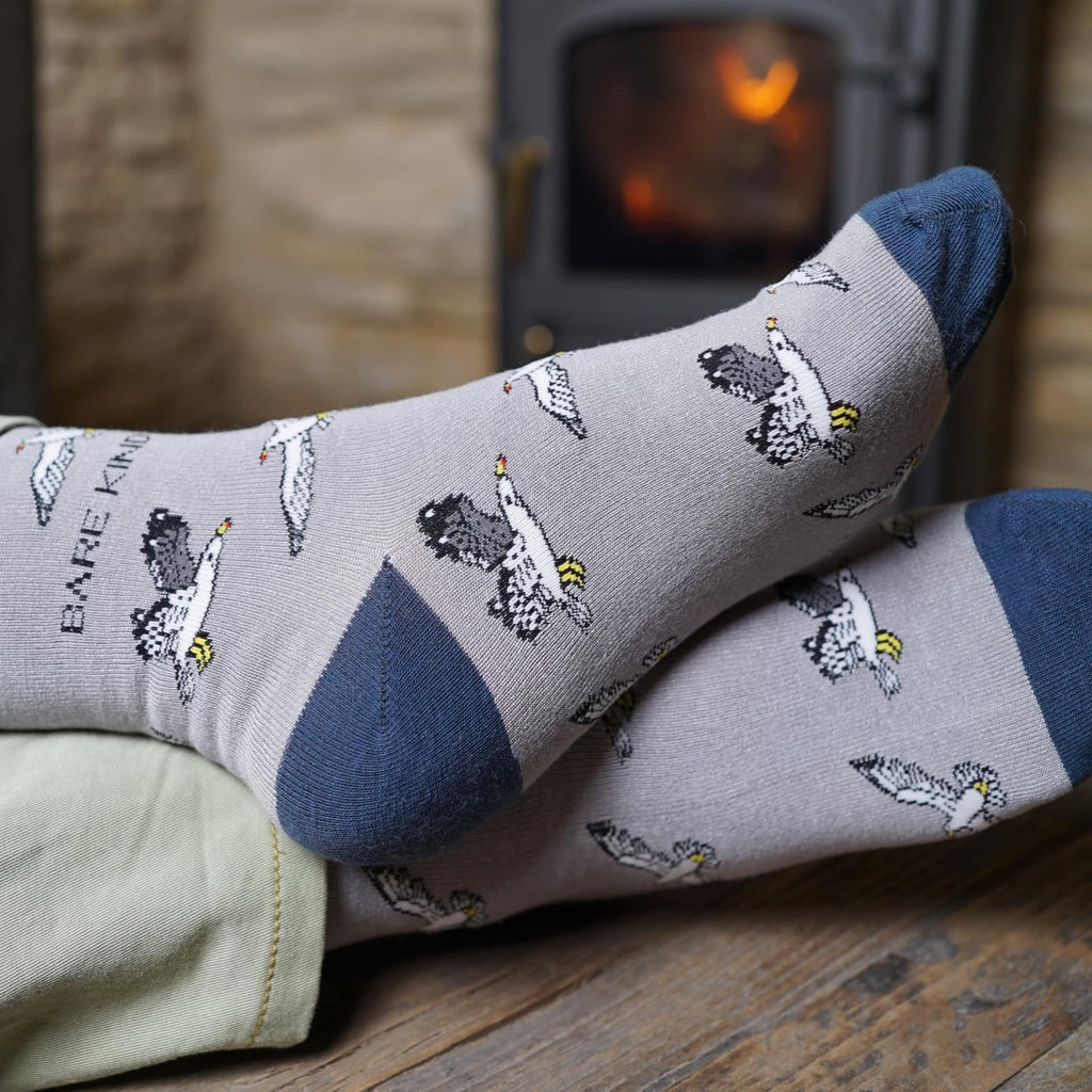 Gray socks withseagull pattern worn by a person in front of a fireplace.
