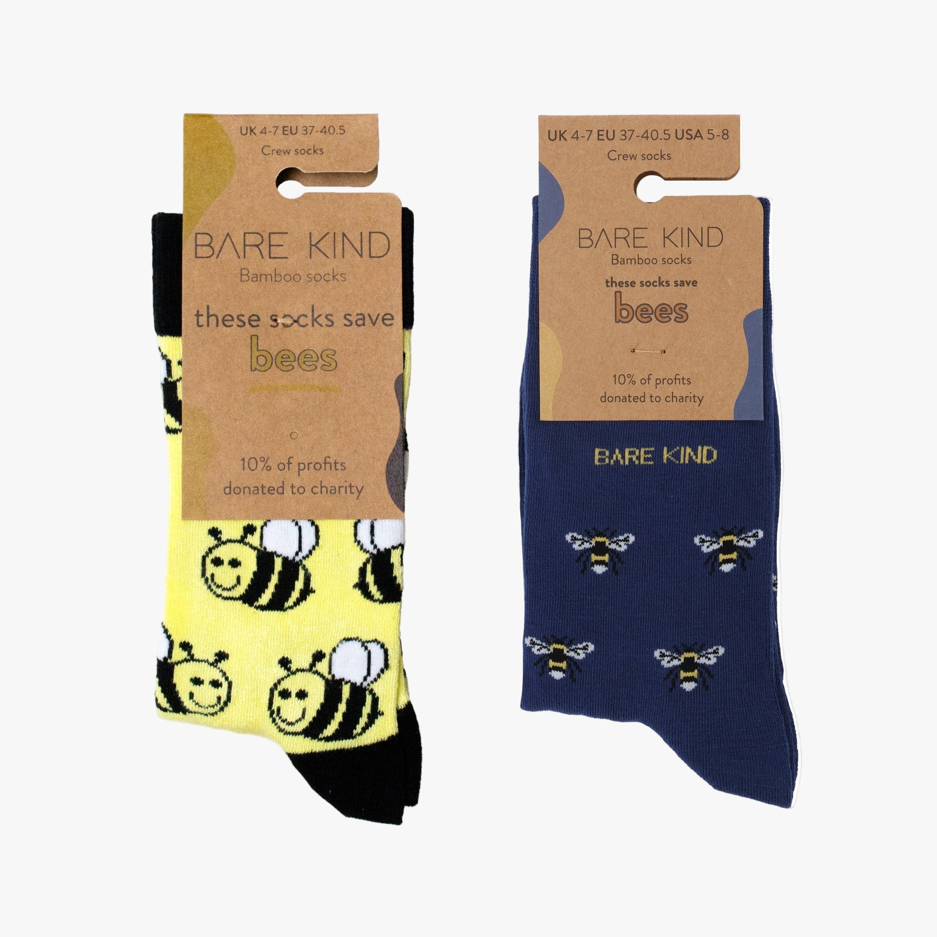 Two pairs of Bare Kind socks with bee designs on packaging, one yellow and one navy blue.