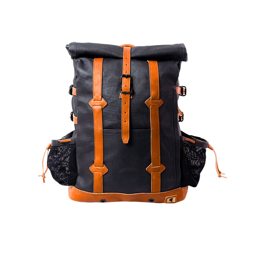Front view of the Yorkshire Men's waxed canvas and leather made to order backpack.