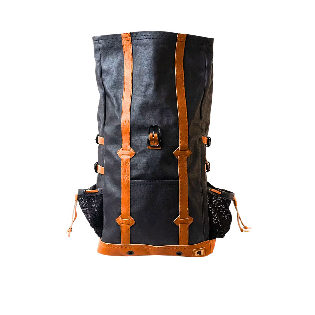 Front view with main section open of the Yorkshire Men's waxed canvas and leather made to order backpack.